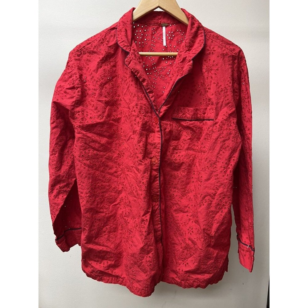 Free People Large L Red Eyelet PJ Pajama Button Up Top Shirt Sleep B10